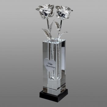 2 Illuminated 11" Silver Roses in 8" Personalized Crystal Vase