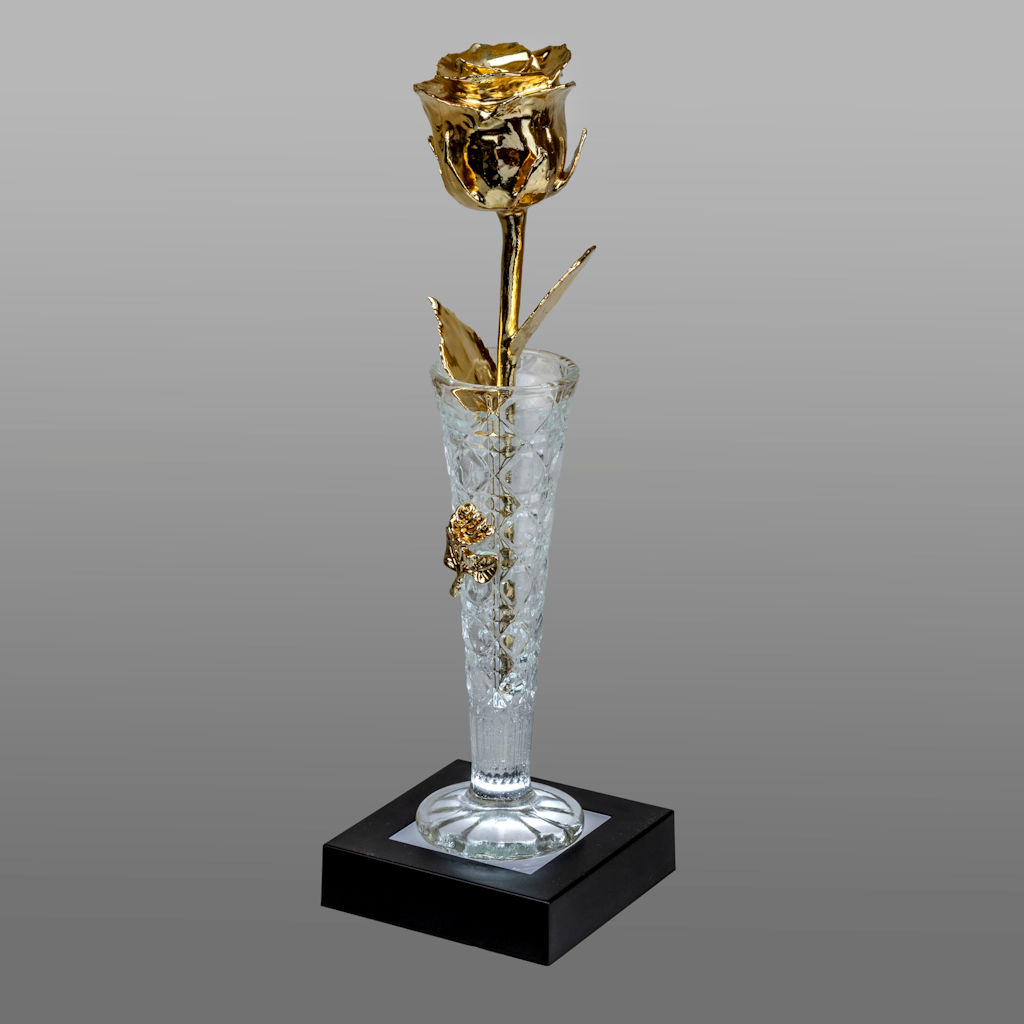 Illuminated 8″ 24k Gold Rose in 6″ Crystal Mini Rose Vase