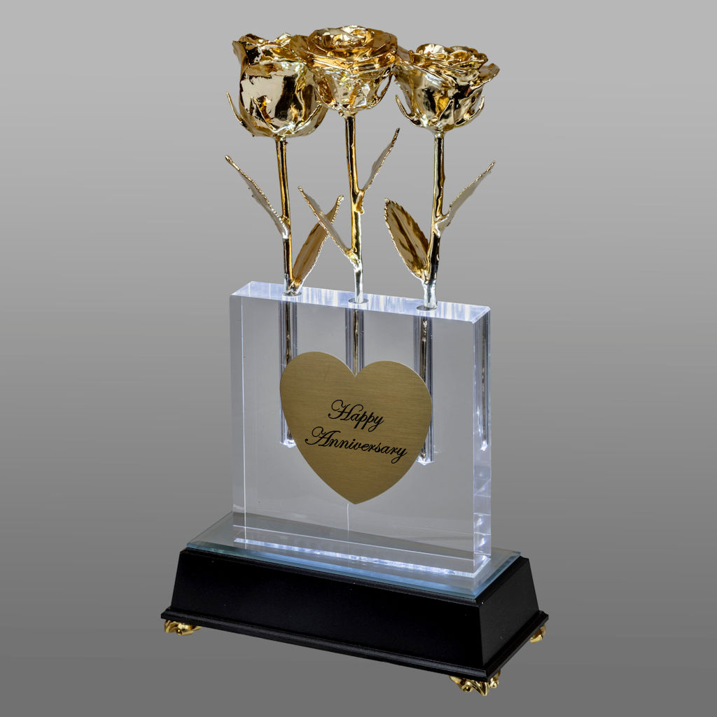 3 Illuminated 8″ 24k Gold Roses in 5″ Personalized Crystal Vase
