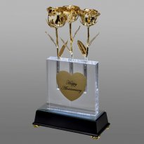 3 Illuminated 8" 24k Gold Roses in 5" Personalized Crystal Vase