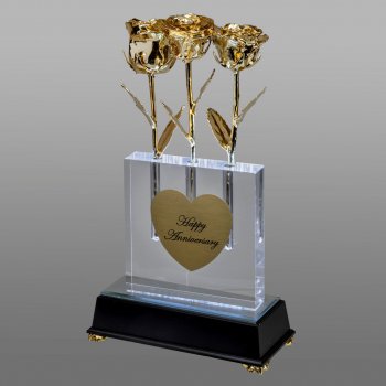 3 Illuminated 8" 24k Gold Roses in 5" Personalized Crystal Vase