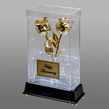 2 Illuminated 8" 24k Gold Roses in Custom Display Case