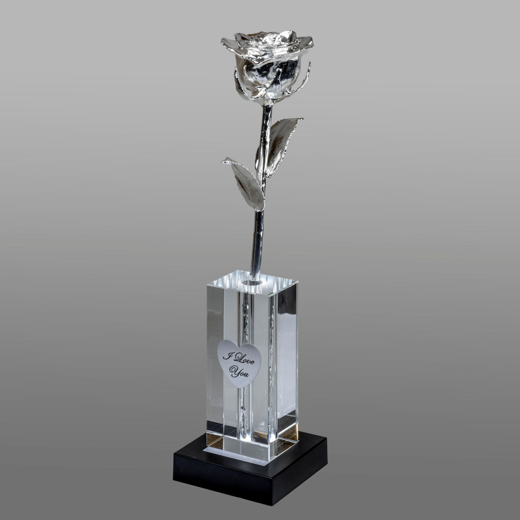 Illuminated 8″ Platinum Rose in 4.5″ Personalized Crystal Vase