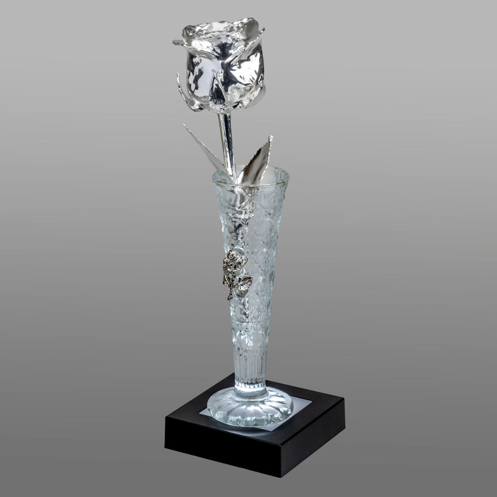 Illuminated 8″ Platinum Rose in 6″ Crystal Mini Rose Vase