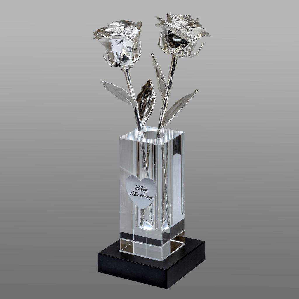 2 Illuminated 8″ Platinum Roses in 4.5″ Personalized Crystal Vase