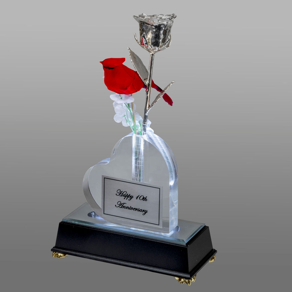 Illuminated 8″ Silver Rose and Cardinal in Custom Heart Vase