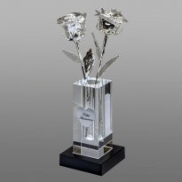 2 Illuminated 8" Silver Roses in 4.5" Personalized Crystal Vase
