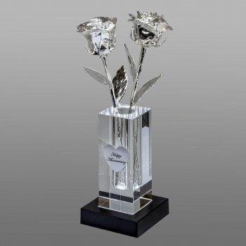 2 Illuminated 8" Silver Roses in 4.5" Personalized Crystal Vase