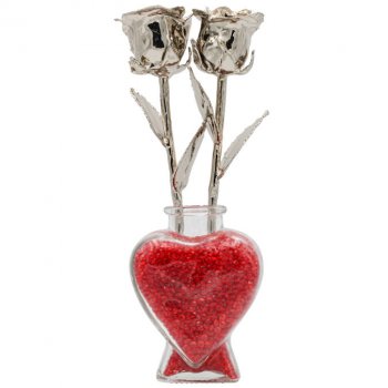 2 8" Platinum Roses in Red Heart Vase 20th Anniversary Gift