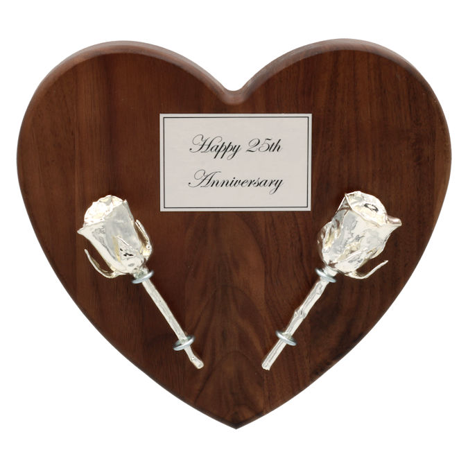 25th Anniversary Gift Silver Roses on Personalized Heart Plaque