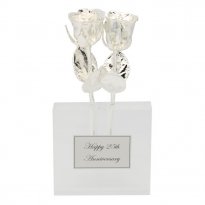 Two 8" Silver Roses in Custom 25th Anniversary Vase