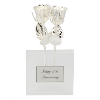 Two 8" Silver Roses in Custom 25th Anniversary Vase