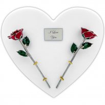 25th Anniversary Gift: 2 Silver Trim Roses on Heart Plaque