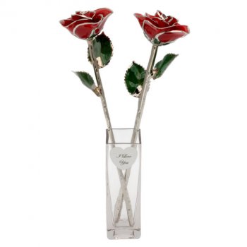 2 Silver Trim Roses in Promise Vase with Engraved Heart