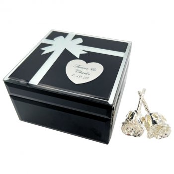 Two 4" Dipped Wedding Roses in Personalized Glass Case