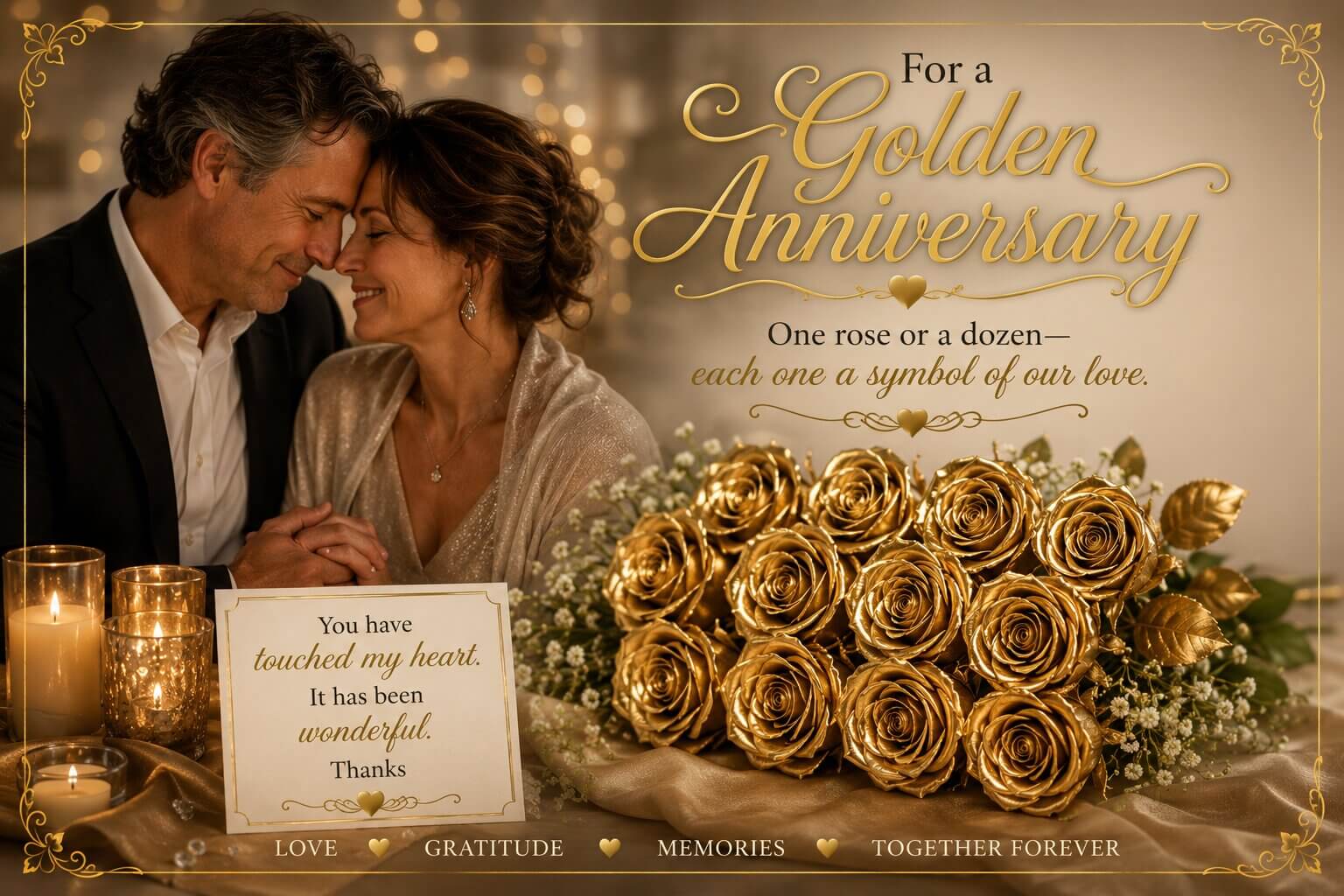 An elderly couple celebrating their golden anniversary with a dozen 24kt gold-dipped roses and a romantic card.