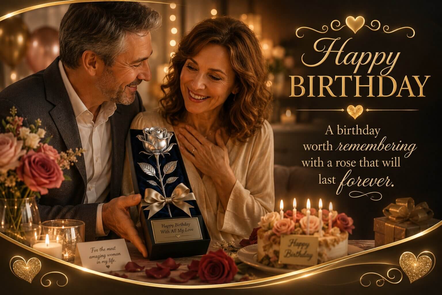 A smiling woman receiving a commemorative silver-dipped rose gift box for her birthday, presented by her partner next to a birthday cake.