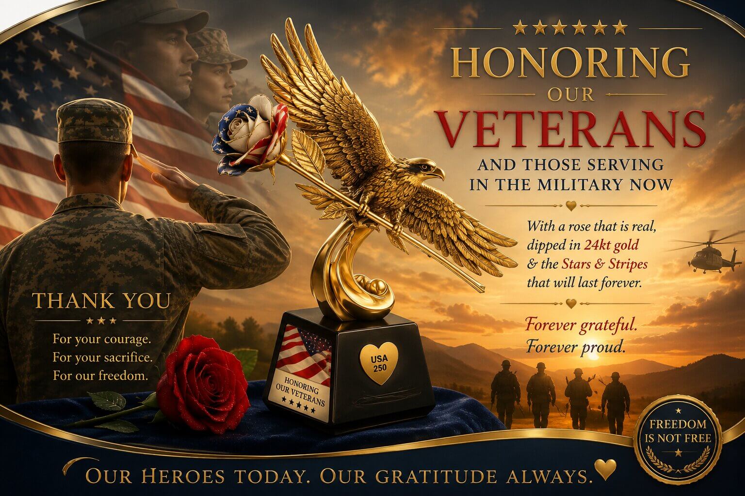 Honoring our veterans and military service members with a 24kt gold-dipped rose sculpture and American flag backdrop.