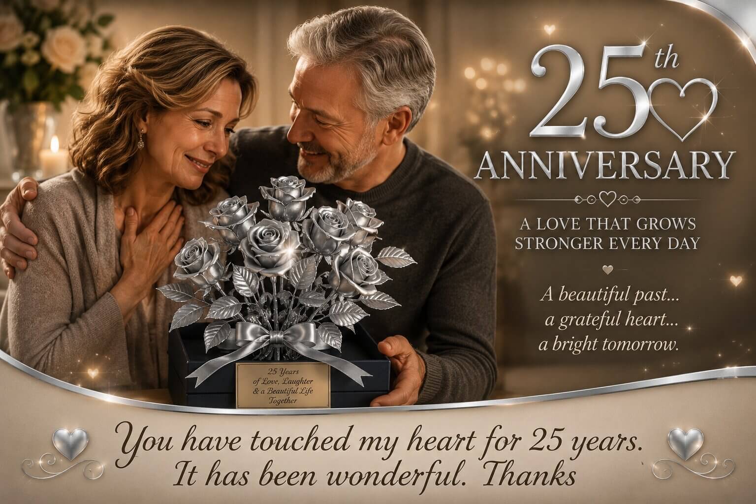 An older couple celebrating their 25th wedding anniversary with a luxury bouquet of silver-dipped roses and a personalized commemorative gift box.