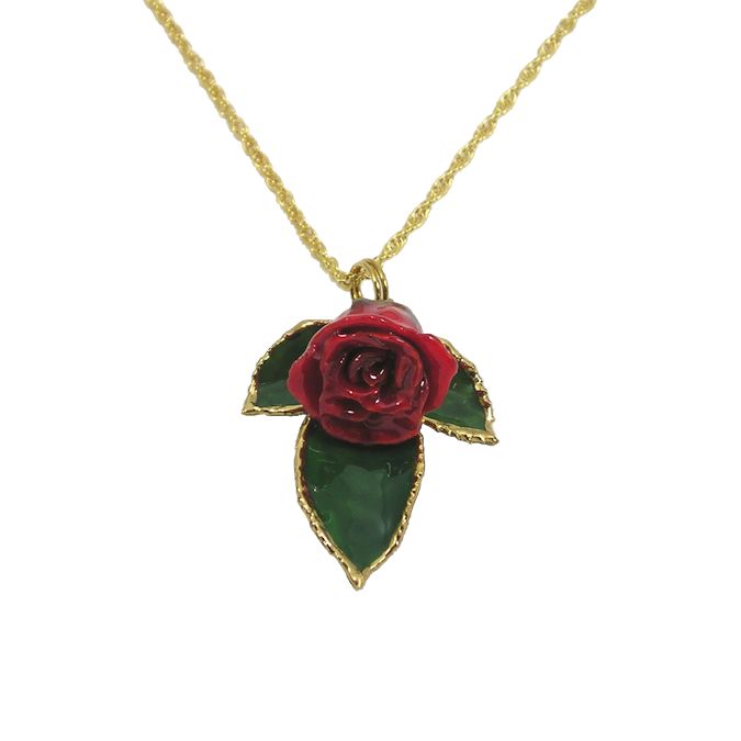 Mini 24k Gold Rose Pendant with 3 Leaves