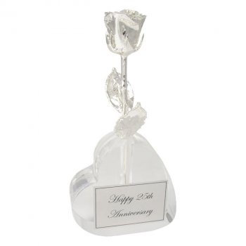 8" Silver Dipped Rose in 25th Anniversary Heart Vase