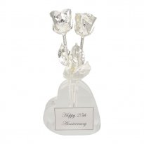 Two 8" Silver Roses in Heart Vase 25th Anniversary Gift