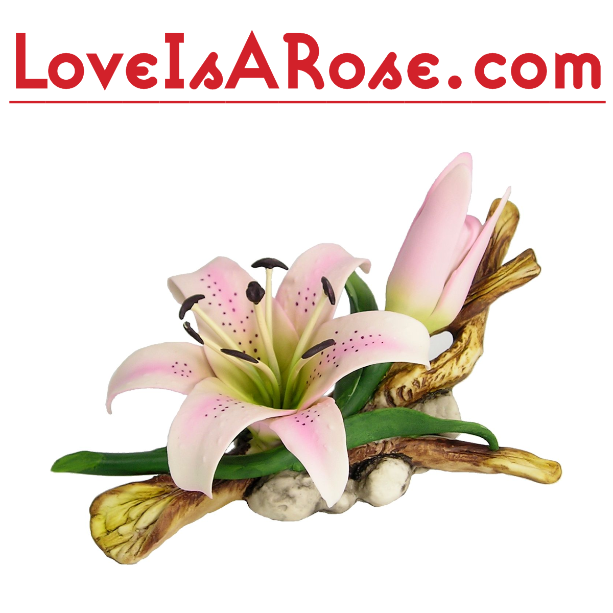 Unique Capodimonte Log Composition in Porcelain with Ambassador Red Roses Buds and Azalea Handmade by our Artisans in Italy with our trademark Napoleon 